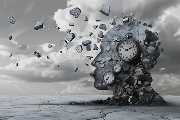 Time and stress and business pressure concept as a group of clock objects destroying cement shaped as a human head as a work fatigue and exhaustion metaphor with 3D illustration elements. . - obrazy, fototapety, plakaty