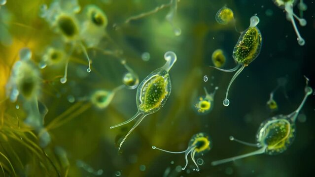 A highresolution image of a group of Euglenoids undergoing phototaxis responding to changes in light intensity as they move towards . AI generation.
