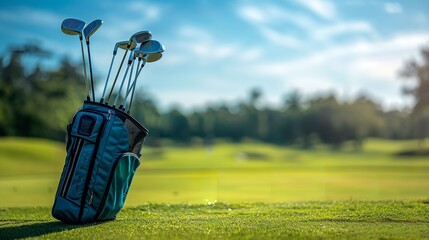 Close shot of golf sticks are packed in a bag with blurry golf field backdrop and big space for text or product advertisement, Generative AI.