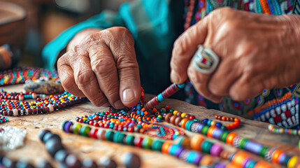 close up hands native american woman bead worker doing project. - obrazy, fototapety, plakaty