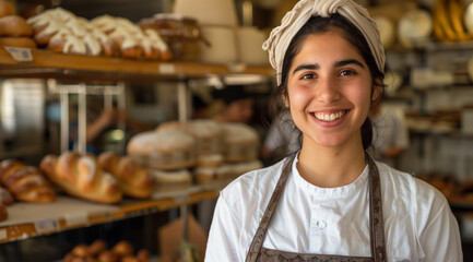 Happy young woman, small business owner, smiling in bakery shop - Powered by Adobe