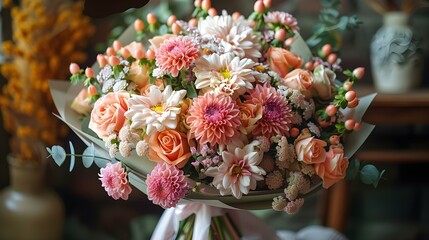 Delicate Pastel Bouquet for Her Special Day. Concept Wedding Day, Soft Colors, Floral Arrangement, Elegance, Bride's Bouquet