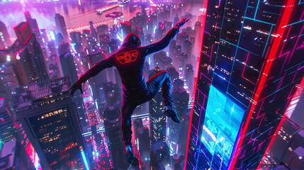A 3D model of a futuristic athlete performing a gravity-defying jump over a neon-lit cityscape