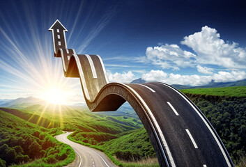 3d render illustration design of a an arrow made of a road going up towards the sky. Concept of path to success, business growth, team leadership