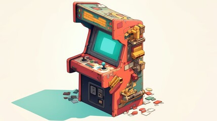 Experience a vibrant isometric 2d illustration of a retro arcade machine complete with a classic game slot display and even a submachine gun all set against a white background This vintage 