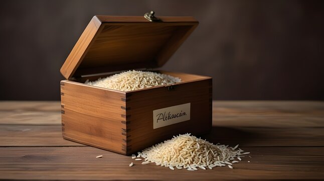 Rice in a wooden box and money placed on a wooden table ready for donation, ZAKAT donation.generative.ai