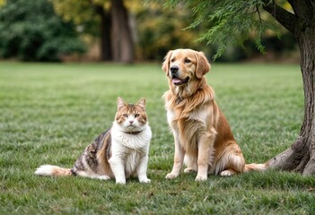 Naklejka na ściany i meble Tabby Cat and Toller Dog Meadow Friendship
