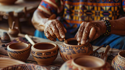 Native American old woman hand painting on pottery - obrazy, fototapety, plakaty