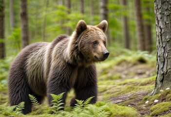 Brown Bear Cub Snacking on Blueberries in Finnish Forest