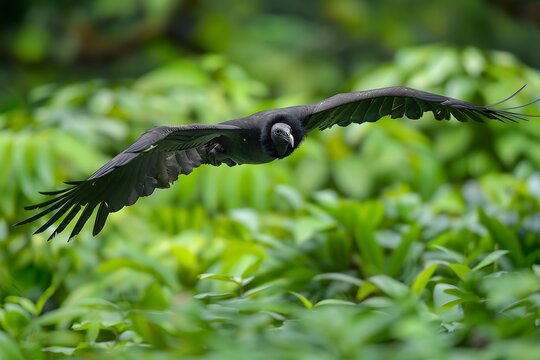 Wildlife from Costa Rica. Ugly black bird Black Vulture, Coragyps atratus, fly in the green vegetation. Vulture in forest habitat. Green grass forest habitat, bid flight .