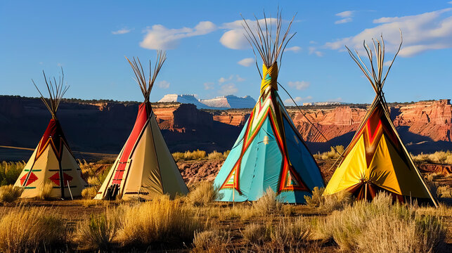 four tipis house of native american in desert.