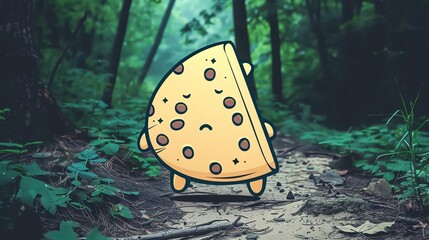 A cheerful chocolate chip cookie cake with a sprinkle of chocolate chips bounces along a winding forest path, its chocolatey goodness tempting passersby - obrazy, fototapety, plakaty