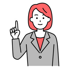 指差して説明するスーツの女性
