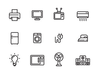 Set of electronic home appliances icons in linear style on a white background