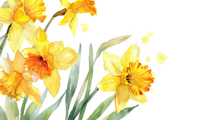 close up watercolor arrangements with yellow daffodils flowers on white background with copy space.
