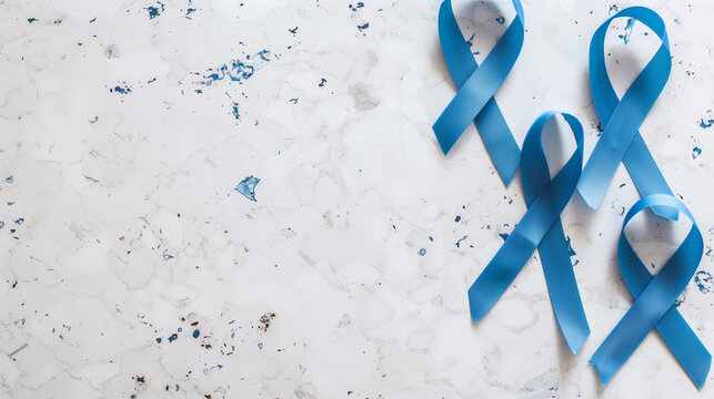 Flat lay blue cancer ribbon marble background colon prostate diabetes men mental health colorectal support awareness month fundraise charity treatment surviving copy space banner medical campaign - Powered by Adobe