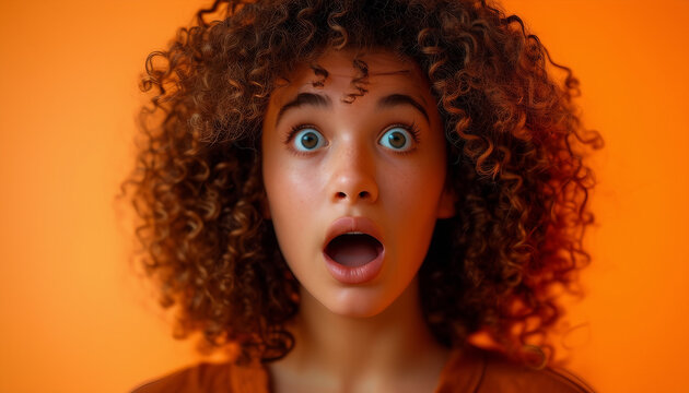 Disgustingly Surprised: Close-Up Portrait of a Young Woman with Curly Hair