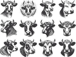 Vector set of cow logos, face for logos, emblems, badges, and labels. Isolated on a white transparent background