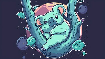 A friendly koala is climbing the branches of a space tree, munching on space leaves