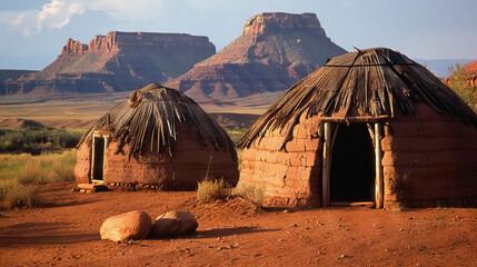 two Native american house hogans in the desert. - obrazy, fototapety, plakaty
