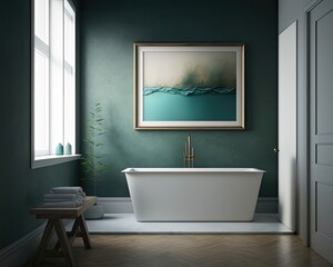 Fototapeta na wymiar interior design of a minimalism contemporary bathroom, simplistic bathtub, decor painting, wall art, plant, simplicity, white, green, grey, 3d, AI