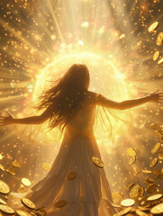 Illuminated Goddess with Outstretched Arms Amidst Cosmic Riches,gold coins and abundance