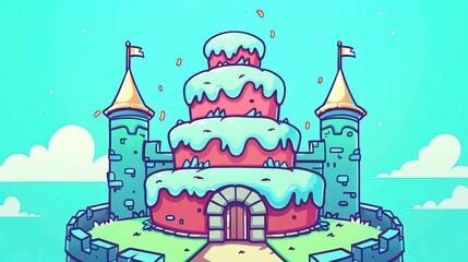 A majestic red velvet cake with cream cheese frosting parades through a grand castle, its towering tiers adorned with edible gold leaf
