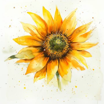 Sunflower rendered loosely in watercolor style, golden yellow petals against white surroundings