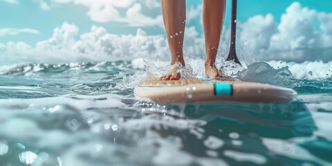 A close shot of a young woman leg doing paddle surfing in beach with beautiful sunny day and water backdrop and space for text or product, Generative AI.