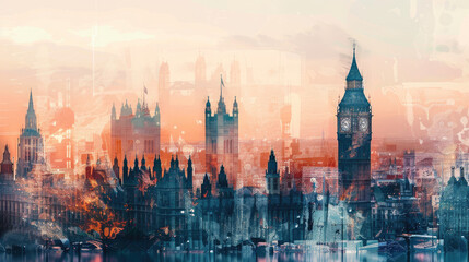 Big Ben and London cityscape double exposure contemporary style minimalist artwork collage illustration
