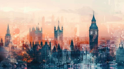Fotobehang Big Ben and London cityscape double exposure contemporary style minimalist artwork collage illustration  © Halim Karya Art