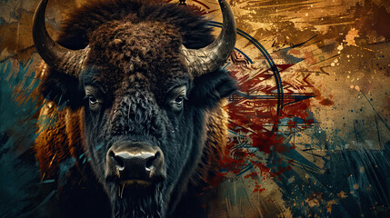close up buffalo animal spirits on native american vintage background with copy space.