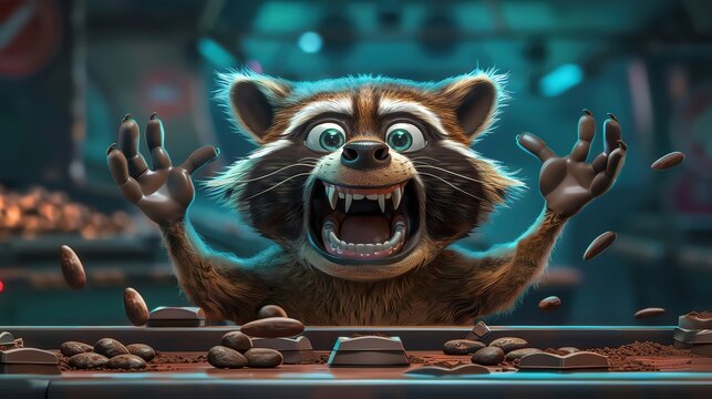 A mischievous raccoon is raiding a chocolate factory, stealing cocoa beans for a decadent chocolate mousse