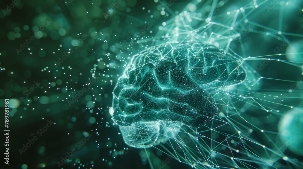 Leinwandbilder Concept of an Active Human Brain on a Dark Background.Blurry abstract 3d Rendering Abstract Background green Network concept . Future backgroundTechnology concept.