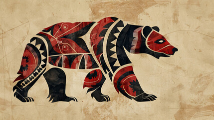 bear animal spirits native american with tribal pattern on light vintage background.