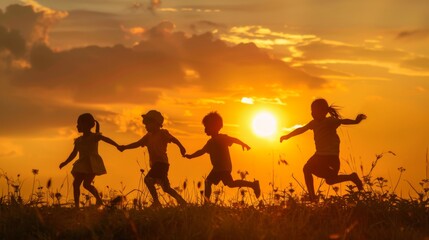 Fototapeta na wymiar Children playing on summer sunset happy time