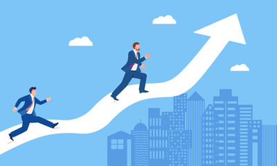 Obraz premium Vector business illustration of businessman running upward on arrow