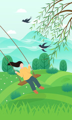 Vector illustration of young girl swinging in spring