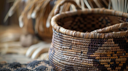 traditional basketry representing the artistic heritage and craftsmanship of Native American with copy space. - obrazy, fototapety, plakaty