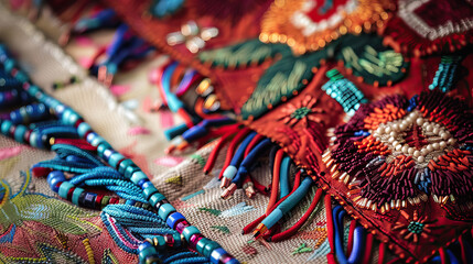 close up native american traditional woven fabric with tassel and beadwork.