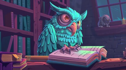 A wise old owl is perched on a bookshelf in a dimly lit library, surrounded by ancient tomes and coding manuals, writing groundbreaking algorithms - obrazy, fototapety, plakaty