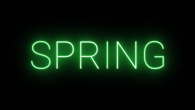 Flickering neon green glowing spring text animated on black background