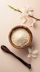 Fototapeta na wymiar Flat lay vanilli petal flower flour extract organic natural scent for baking and cooking