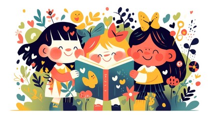 Energetic and joyful kids immersed in a delightful book