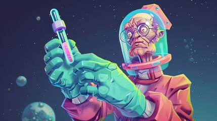 An astrophysicist securely holds a vial containing a rare isotope, its radioactive decay providing valuable insights into the origins of the universe, as they embark on a cosmic odyssey - obrazy, fototapety, plakaty