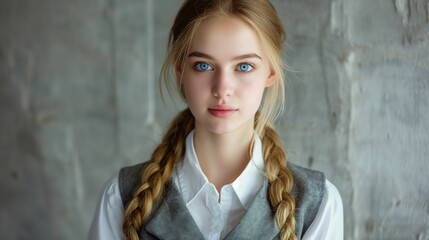A young girl with long blond hair in a braid is looking at the camera. She is wearing a white shirt and a brown vest. The background is out of focus and looks like a forest.

