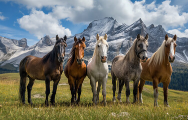 Obraz premium Herd of Horses Against Mountain Backdrop