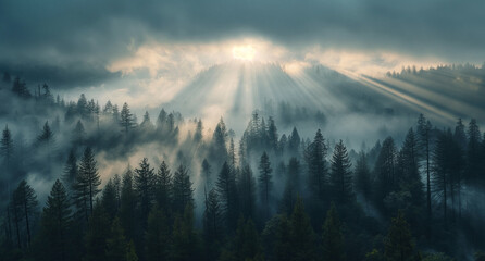 Sunlight Breaking Through Clouds over Misty Forest