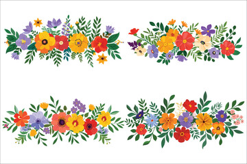 Colorful floral flowers branches, Flower ornament border, Vintage floral set, Set of colorful banners, Beautiful summer floral decoration, Flowers and leaves vector, Set of floral ornaments