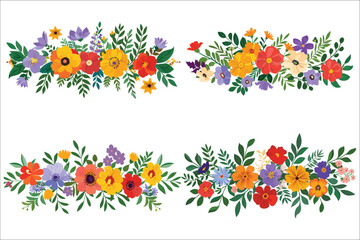Colorful floral flowers branches, Flower ornament border, Vintage floral set, Set of colorful banners, Beautiful summer floral decoration, Flowers and leaves vector, Set of floral ornaments